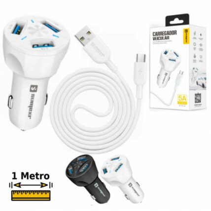 Carregador Veicular Turbo com 3 Entradas USB e Cabo para V8 SUMEXR - SX-C6-V8