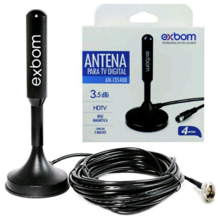 Antena Digital HDTV UHF VHF Interna e Externa Base Imã Prova D'água Exbom - AN-I3540B 3.5 dbi