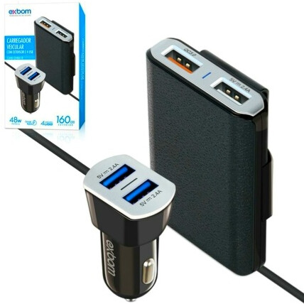 Carregador Veicular 4 Portas Com Extensor 2 Portas USB QC3.0 48W - EXBOM - CA4U-EX48A10