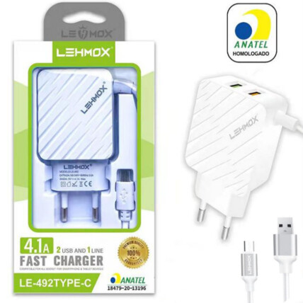 Carregador para Celular 4.1A 2 Portas Usb + Cabo Type C com Anatel Lehmox - LE-492 TYPEC