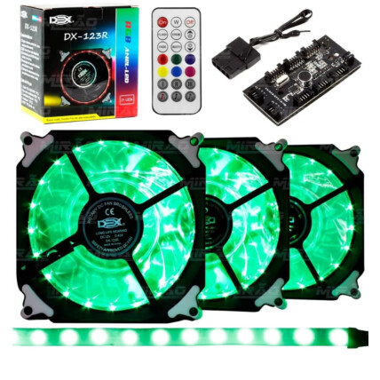 Kit 3 Coolers com Led 120mm RGB + Fita Led e Controle Dex - Dx-123R