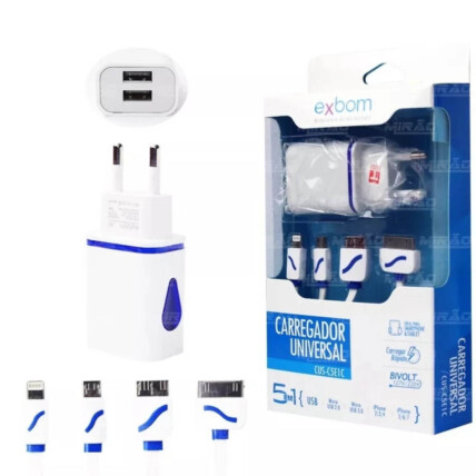 Carregador de Viagem 2.0A 5 Em 1 c/ 2Portas Usb V8/lighting/iphone 4/ Micro 3.0 - CUS-C5E1C - 02472