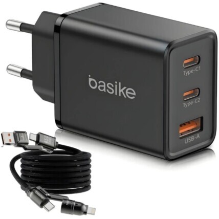 Carregador Basike 65W 3 Portas + Cabo 4 em 1 Trançado Preto