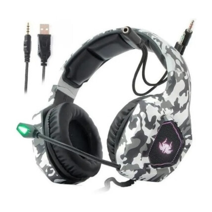 Fone de Ouvido Headset Gamer Led Camuflado Cinza P2 e Adaptador Knup - KP-GA02
