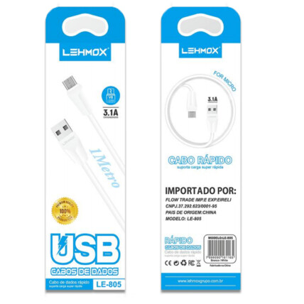 Cabo V8 com 1 Metro Usb 3.1A e Carregamento Rápido - LE-805