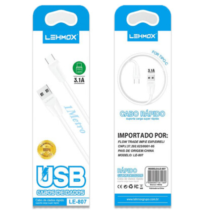 Cabo Type C com 1 Metro Usb 3.1A e Carregamento Rápido - LE-807