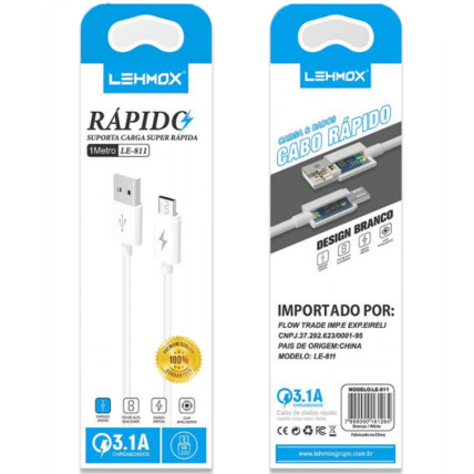 Cabo V8 para Carregamento Rápido 3.1A com 1 Metro - LE-811