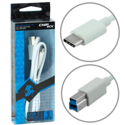 Cabo Tipo C 3.1 + Usb B Macho - 5 Gbps 2 Metros Branco - 018-7475