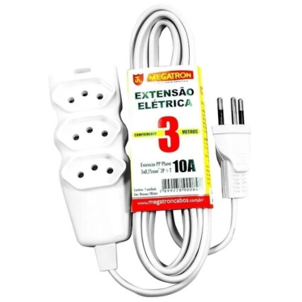 Extensão Elétrica 2P+T 3 Tomadas Bivolt 10A 3 Metros - Branca Megatron - 84