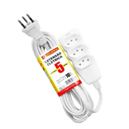 Extensão Elétrica 2P+T 3 Tomadas Bivolt 10A 5 Metros - Branca Megatron - 86