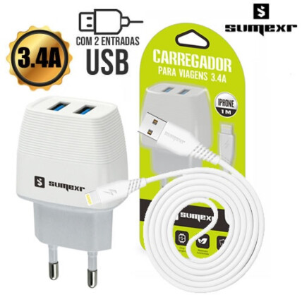 Kit Carregador 3.4A 2 Usb + Cabo IOS 1m Sumexr - SX-F15-I6