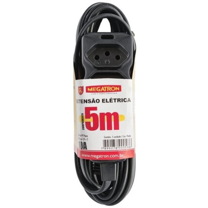 Extensão Elétrica 2P+T 3 Tomadas Bivolt 10A 5 Metros sem Embalagem - Preta Megatron - 58
