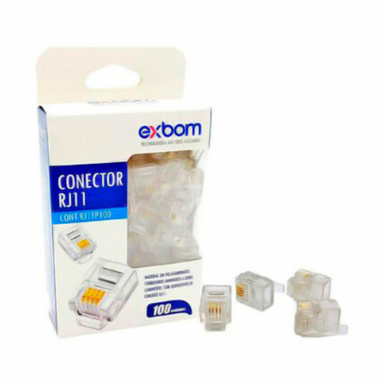 Conector RJ11 4P4C Para PABX e Linha Convencional Banhado a Ouro 100 Unidades Exbom - CONT-RJ11P100
