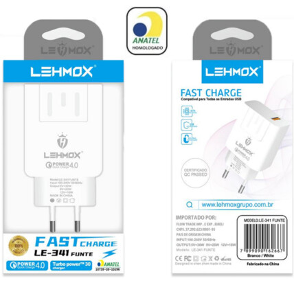 Carregador Turbo Power 4.0 de Tomada Quick Charge Selo Anatel Lehmox - LE-341