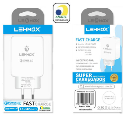 Carregador Turbo Power 4.0 de Tomada Quick Charge Selo Anatel Lehmox - LE-342
