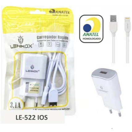 Carregador de Celular + Cabo IOS Lightning Usb 3.1A -com Anatel LE-522 IOS