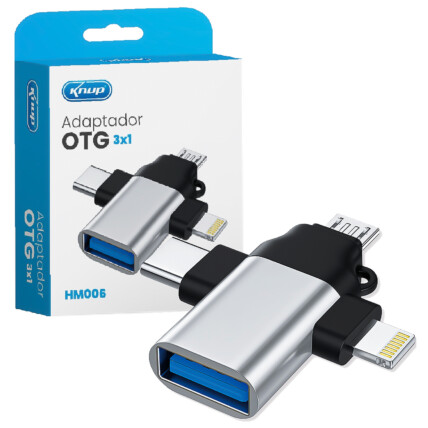 Adaptador OTG USB 3 em 1 V8 Tipo C e Lightning KNUP - KP-HM006