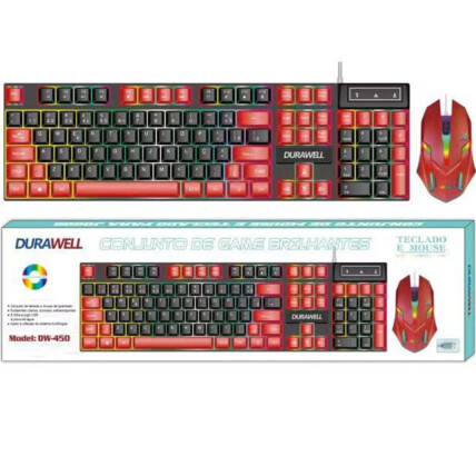 Kit Teclado e Mouse Semi Mecânico com Fio Led RGB Durawell - DW-450 VERMELHO
