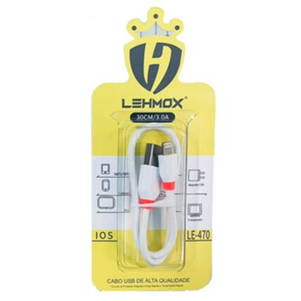 Cabo Usb curto 30cm 3.0A carga celular IOS Lighting Lehmox - LE-470