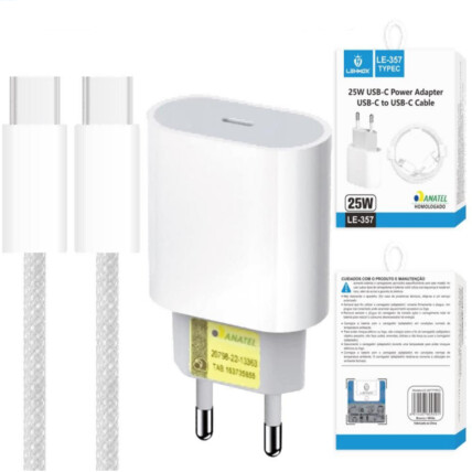 Carregador de Celular 25W Porta USB-C + Cabo Type-C LEHMOX - LE-357 TYPEC