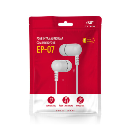 Fone de Ouvido Intra Auricular Branco Embalagem tipo Saquinho C3TECH - EP-07WH S/SN