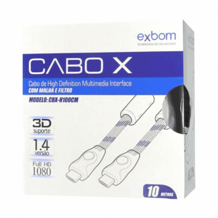 Cabo Hdmi 10 Metros Versão 1.4 Com Malha e Filtro Od7.3 Blindado Exbom - CBX-H100CM