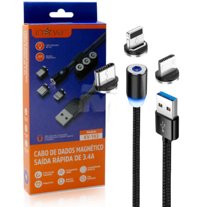 Cabo Magnético 3 em 1 3.4A V8 / Lightning / Type-C INOVA - KV-193