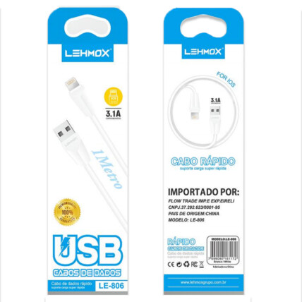 Cabo Ios com 1 Metro Usb 3.1A e Carregamento Rápido - LE-806