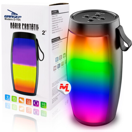 Caixa de Som Bluetooth 5W com Iluminação Led 7.4 x 7.4 x 15 cm GRASEP - D-Y05