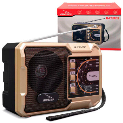 Caixa de Som Bluetooth Retrô Portátil FM/AM com Carregamento Solar GRASEP - D-FS1607