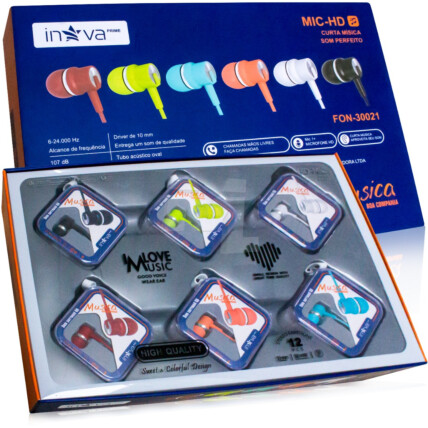 CAIXA EXPOSITORA com 12 Unidades Fone de Ouvido Intra Auricular Colorido INOVA - FON-30021