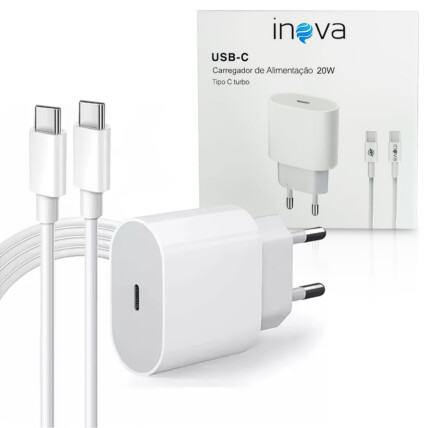 Carregador Smarthphone 1 Entrada 20W Tipo C Com Cabo USB-C INOVA - CAR-0094 C