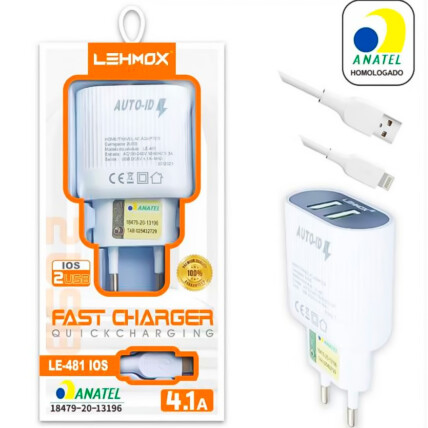 Carregador 4.1A 2 Portas Usb + Cabo Ios Lightning com Anatel Lehmox - LE-481 IOS