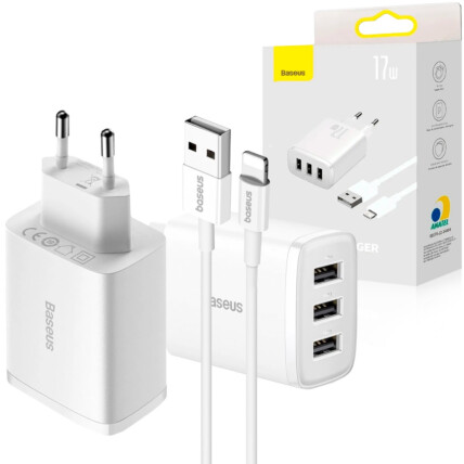Carregador para Celular 17W 3 USB com Cabo Lightning Branco BASEUS - CCXJ070502