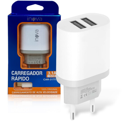 Carregador De Celular 3.1A 2 Portas USB e Cabo Lightning INOVA - CAR-3175A
