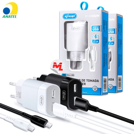 Carregador de Celular 5.1A com Selo Anatel 2 Portas Usb e Cabo V8 KNUP - KP-IC022/M