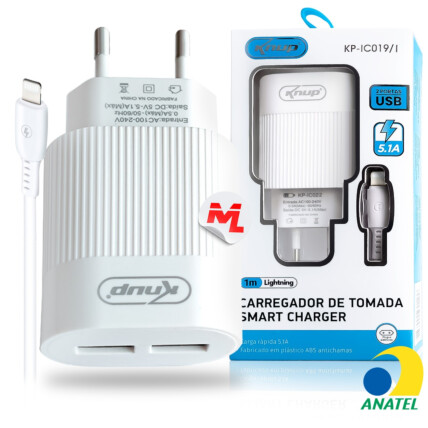 Carregador de Celular 5.1A com Selo Anatel 2 Portas Usb e Cabo Lightning KNUP - KP-IC022/I