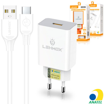 Carregador De Celular 3.1A USB Com Cabo Type-C LEHMOX - LE-509-4