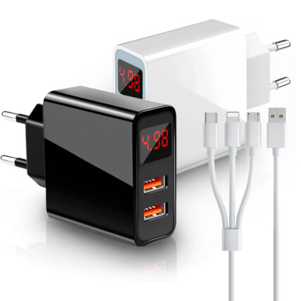 Carregador de Celular 3.6A 2 USB com Display LCD e Cabo 3 em 1 - FZF-09VGT