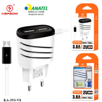 Carregador de Celular 3.6A 2 Portas USB e Cabo V8 - KA-393-V8