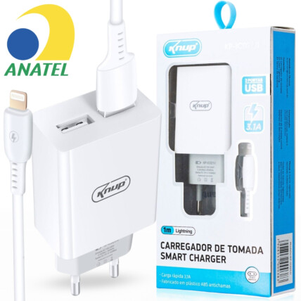 Carregador de Celular 3.1A com 2 Portas Usb e Cabo Lightning 1M KNUP - KP-IC021/I