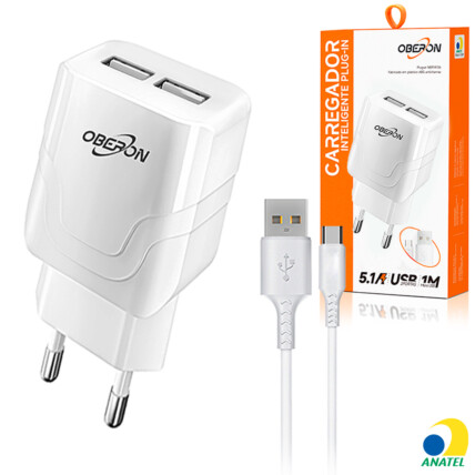 Carregador de Celular 5.1A com 2 Portas USB e Cabo Tipo-C OBERON - OR-IC019/C