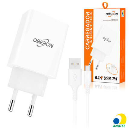 Carregador de Celular 5.1A com 2 Portas USB e Cabo Tipo-C OBERON - OR-IC021/C