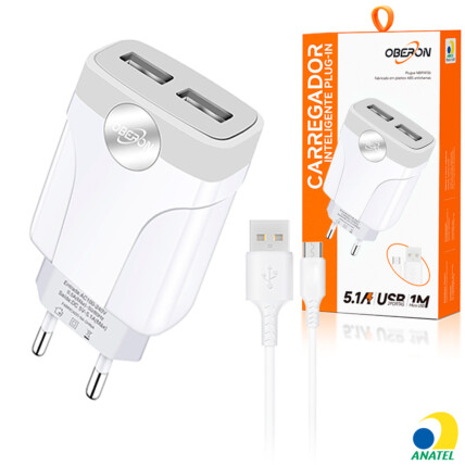 Carregador de Celular 5.1A com 2 Portas USB e Cabo V8 OBERON - OR-IC020/M