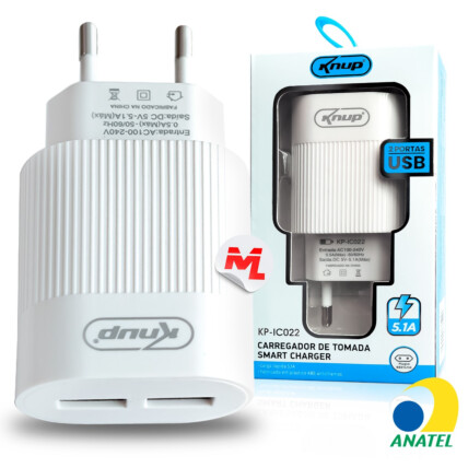 Carregador de Celular 5.1A com Selo Anatel 2 Portas Usb KNUP - KP-IC022