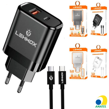 Carregador de Celular 5.1A PD+USB com Cabo V8 LEHMOX - LE-486 MICRO