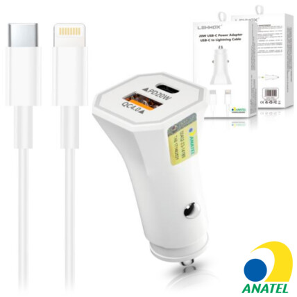 Carregador de Celular Veicular USB + Type-C PD 20W com Cabo Lightning LEHMOX - LE-355 IOS