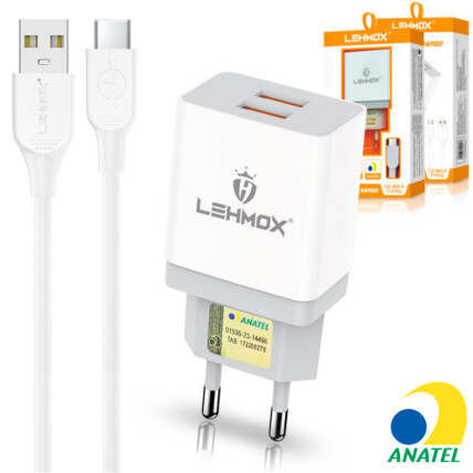 Carregador de Tomada 4.1A com 2 Portas Usb e Cabo Type C com Anatel - LE-480 TYPEC