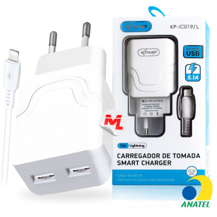 Carregador Iphone 3.1A com 2 Portas Usb e Cabo Lightning 1M KNUP - KP-IC019/I