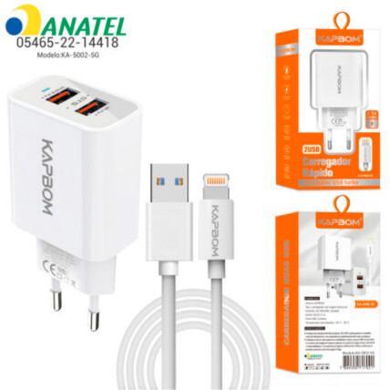 Carregador Turbo 5.1A com 2 USB e cabo Lightning IOS KAPBOM - KA-5002 5G